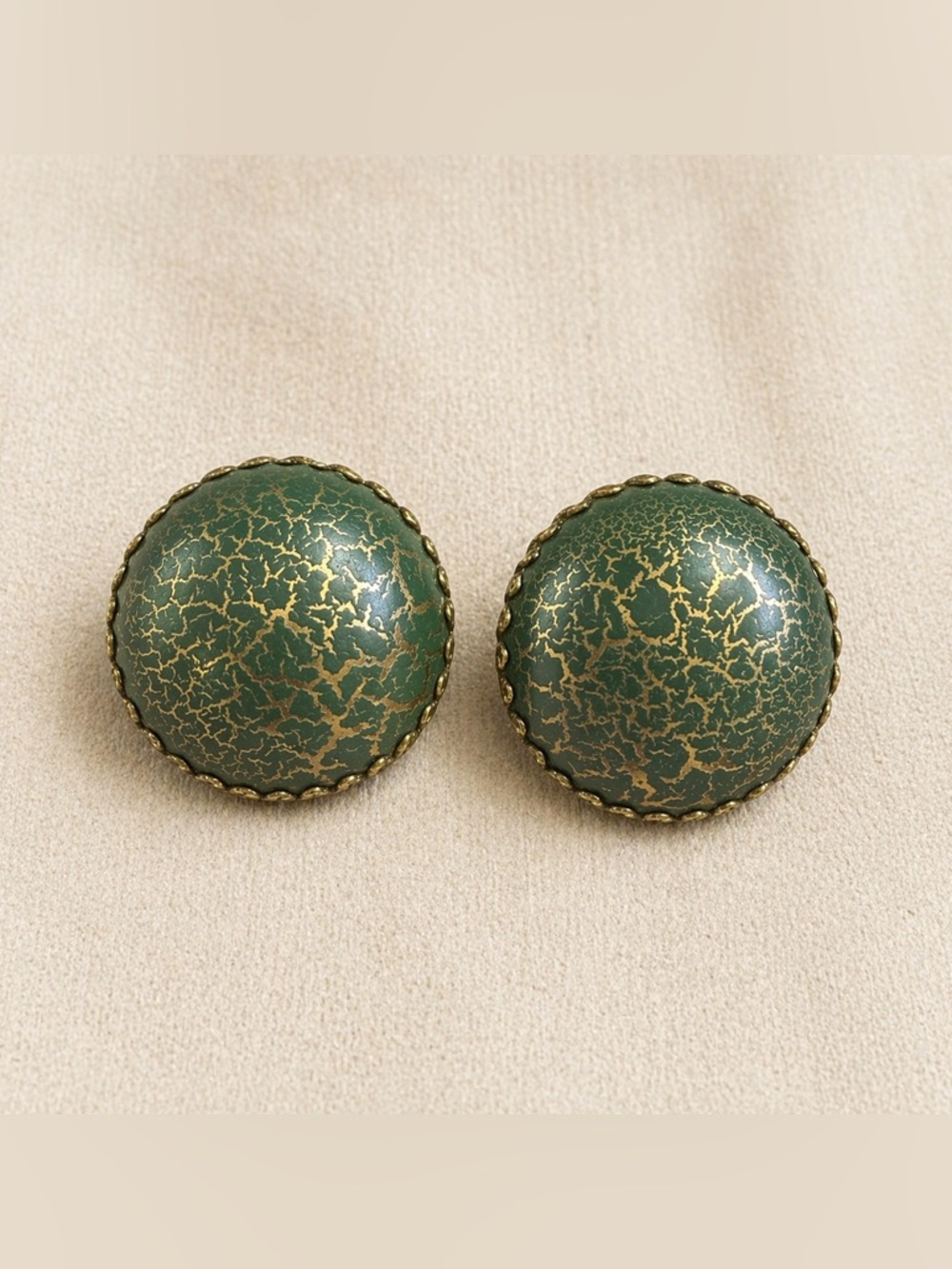 Vintage Large Round Green Gold  Marble Design Button Clip on Earrings Screw back